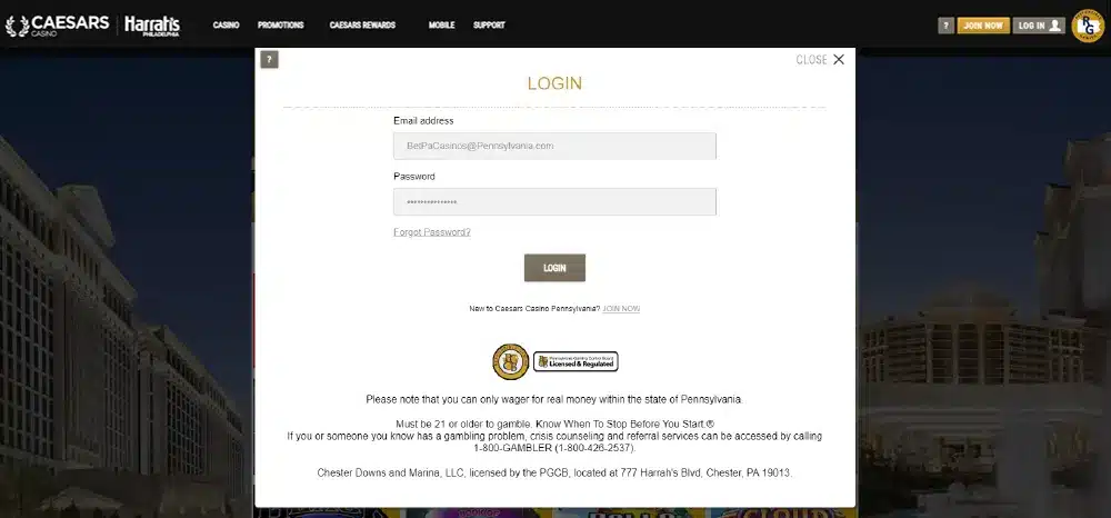 Caesars Casino Login Page