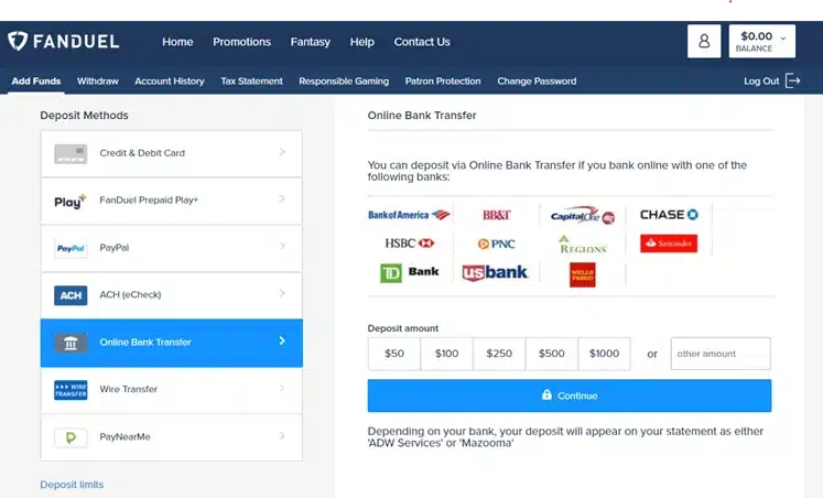 FanDuel banking options